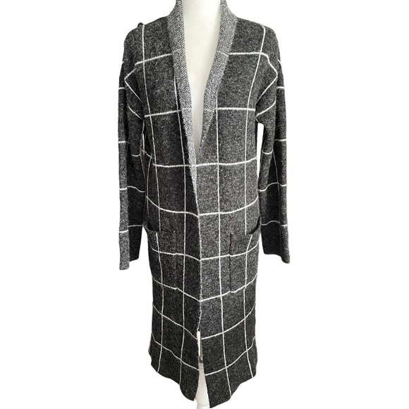 CYRUS Windowpain Long Open Cardigan Sweater Coat Grey S - Picture 2 of 9